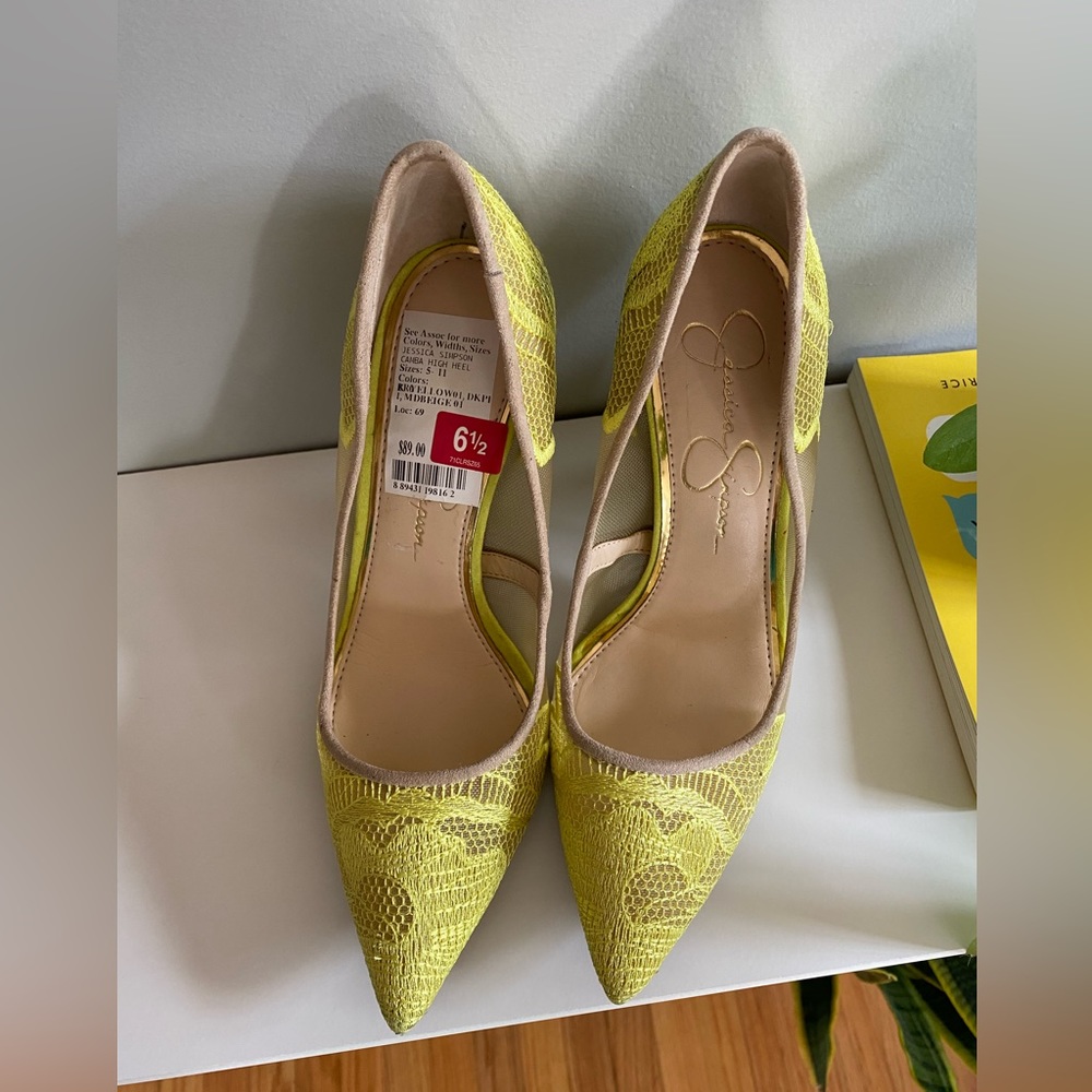 Neon Yellow Lace and Mesh Heels by Jessica Simpson